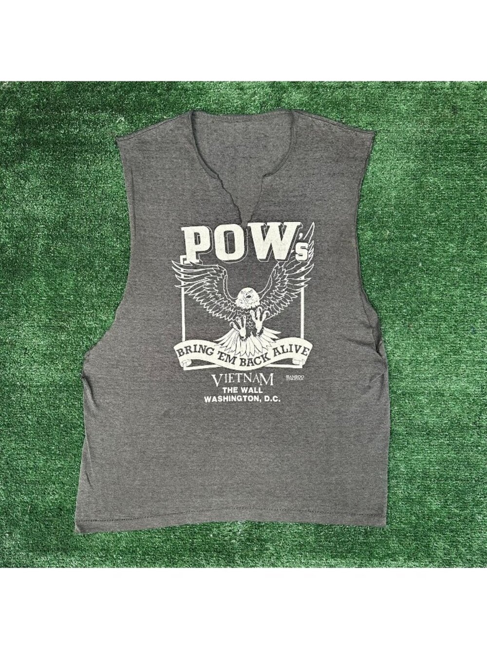 Vintage 80s Vietnam War POW MIA Muscle T-Shirt Gray L Single Stitch Military